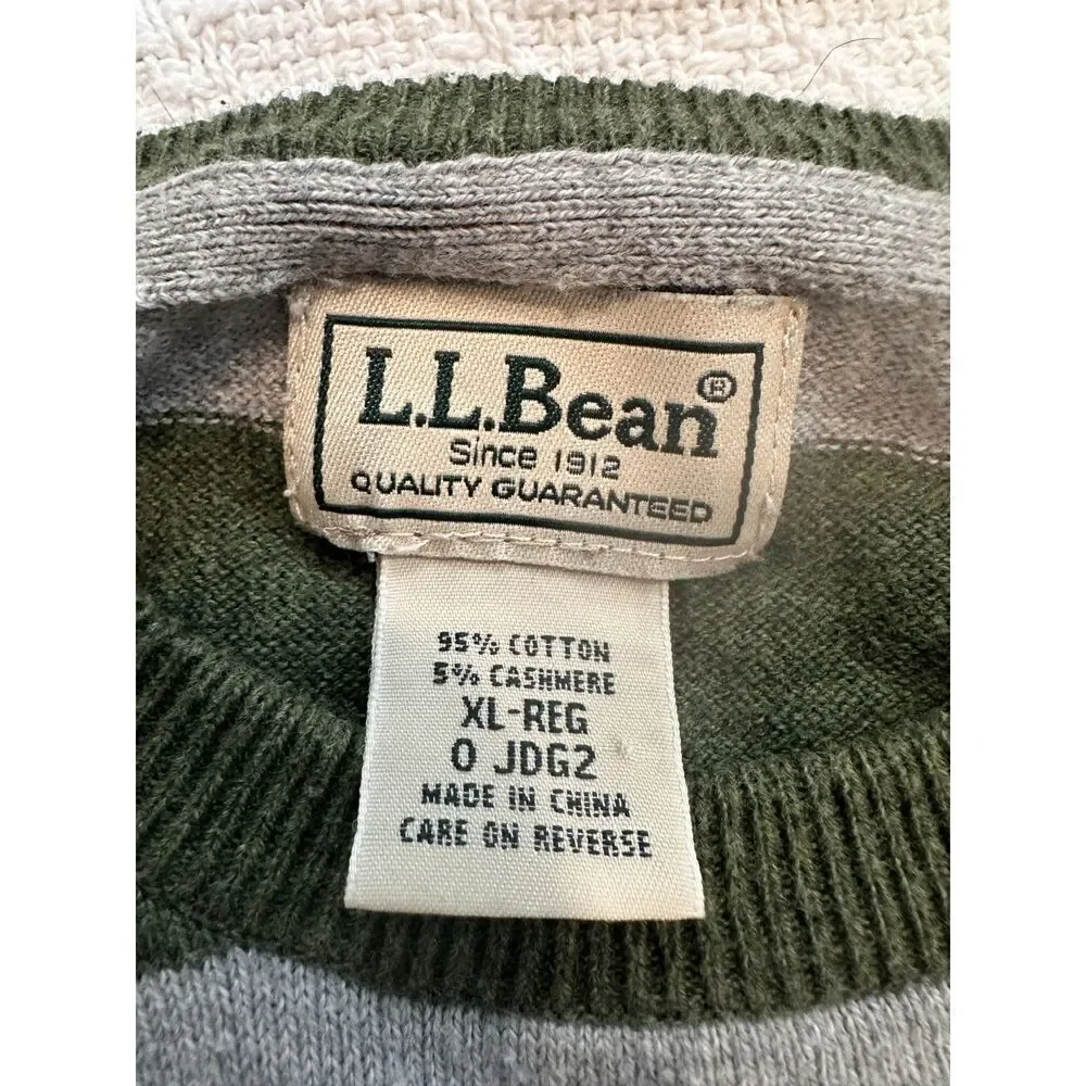 L.L. Bean Men's Cotton Cashmere Striped Crewneck Gray Green Sweater Size XL